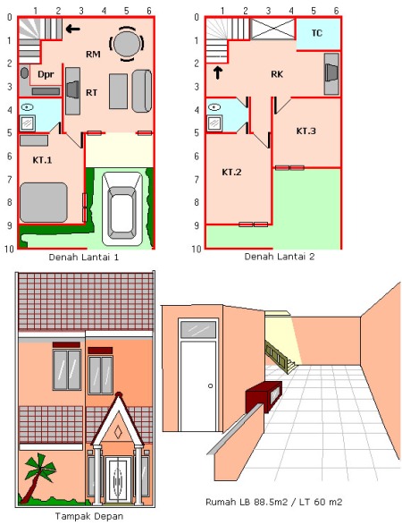 Desain Rumah Mungil (Luas Tanah=60 m2, Luas Bangunan 88.5 